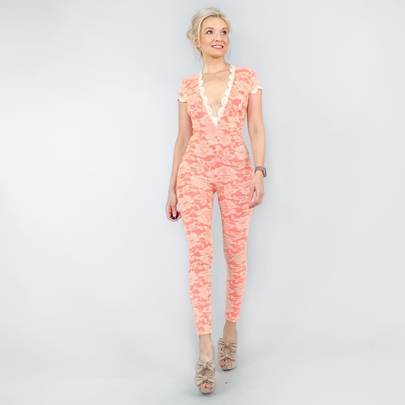 Coral Pink Lace Jumpsuit - Picture 5 of 8